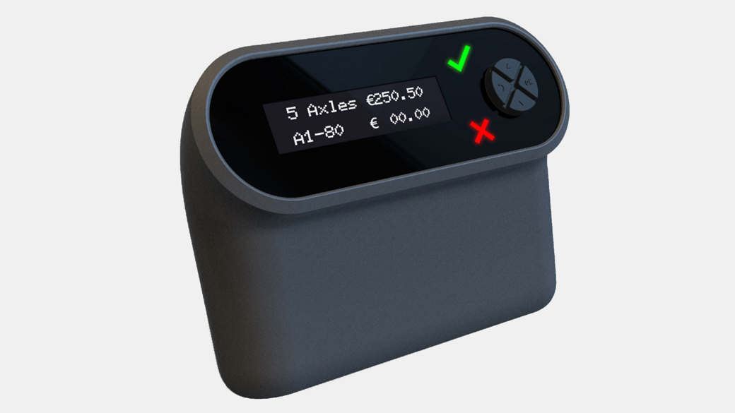 Product image of the OBU 5+ showing details about the vehicle and the accrued tolling fees.